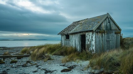 A small wooden house stands on a beach by the ocean under a cloudy sky, blending into the natural landscape with its rustic facade AIG50