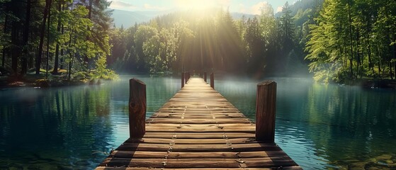 Sunlit wooden pier stretches over serene lake surrounded by lush forest, mist rising with mountains...