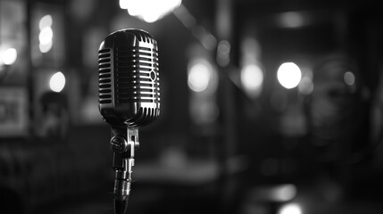 Close up a microphone studio equipment in monochrome black and white colors. AI generated image
