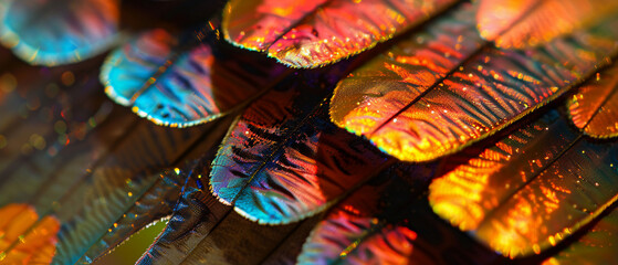 Vibrant macro photograph showcasing the iridescent hues of feathers, highlighting their intricate details and shimmering colors.