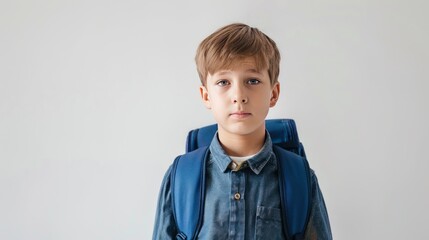 Portrait a schoolboy with blue backpack standing pose on white background. AI generated image