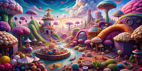 Fantasy landscape with fairy tale castle and rainbow, marshmallows stones and candies trees. Candyland concept.
