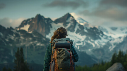 Fototapeta premium Amidst nature's splendor, a young woman sets out on a backpacking journey in the majestic mountains
