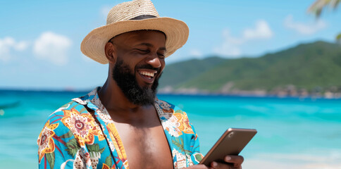 A man wearing a straw hat and a floral shirt is smiling while looking at his phone. The beach setting and the man's relaxed posture suggest a leisurely day spent enjoying the sun and the ocean