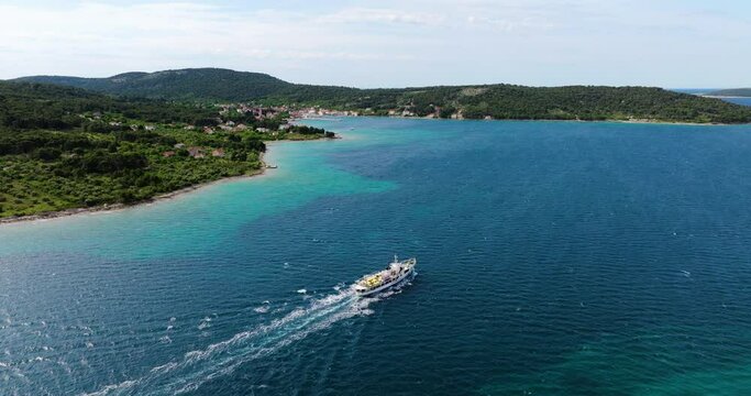 Aerial View Of Jadrolinija Ferry Crossing Zlarin Island Near Sibenik Town, Croatia. 