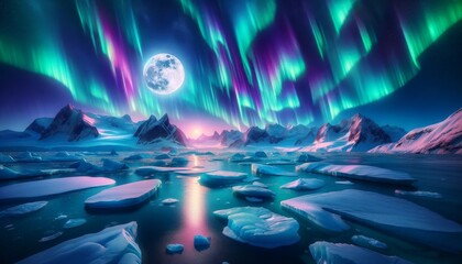 The Northern Lights illuminate a serene Arctic landscape with floating icebergs and a full moon, creating a breathtaking and colorful nighttime scene.