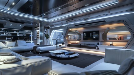 A sleek living room with a futuristic design