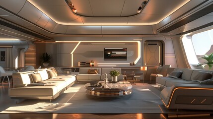 A sleek living room with a futuristic design