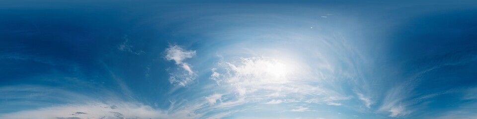 blue summer sky panorama with Cirrus clouds. Seamless hdr spherical 360 panorama. Sky dome in 3D visualization, sky replacement for aerial drone 360 panoramas. Climate and weather change.