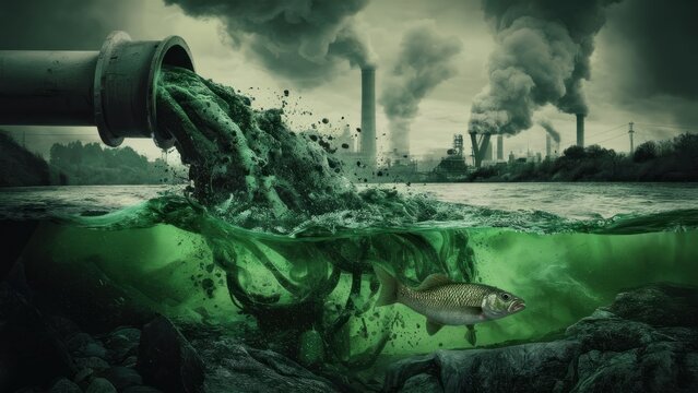 Chemically dirty wastewater sewage flows from a pipe and pollutes water into the river. World environment contamination concept.