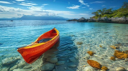A red canoe rests on the serene shore of a tranquil lake, surrounded by the vast expanse of water,...
