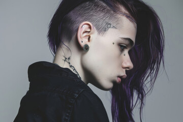 Pensive young person with shaved side hairstyle in studio setting during daytime