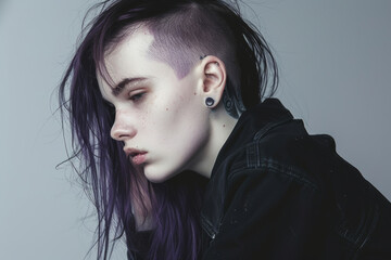 Pensive young person with shaved side hairstyle in studio setting during daytime
