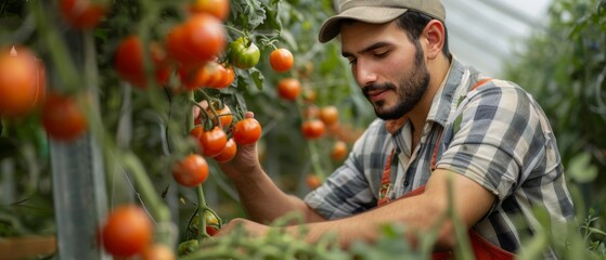 A young farmer harvesting ripe red tomatoes in a greenhouse, showcasing sustainable and organic farming practices.