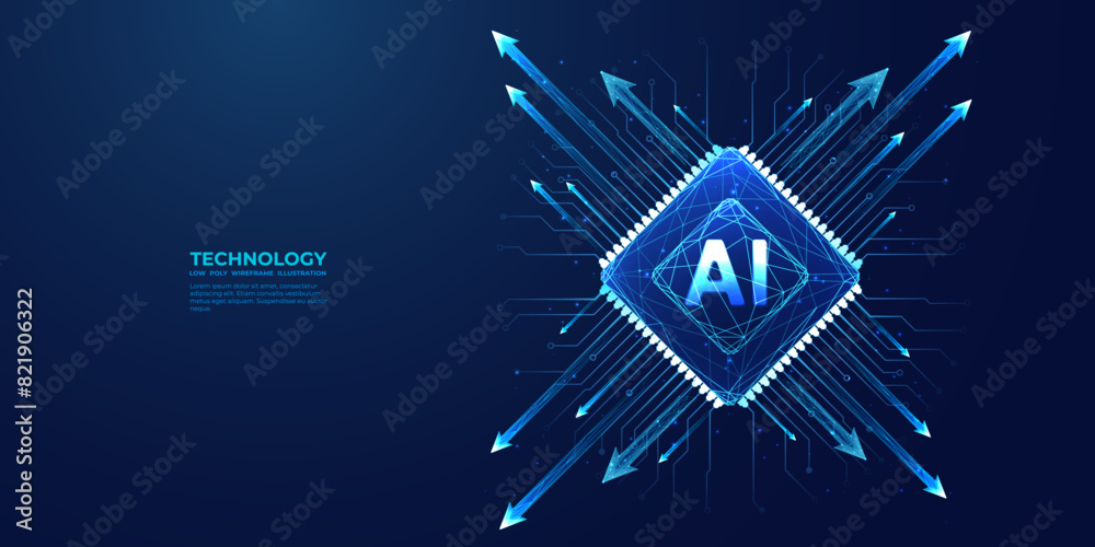 Poster AI chip with light growth arrows and circuit elements. Artificial Intelligence background. AI innovation concept. Technology bg. Low poly wireframe vector illustration. Abstract digital polygonal art.