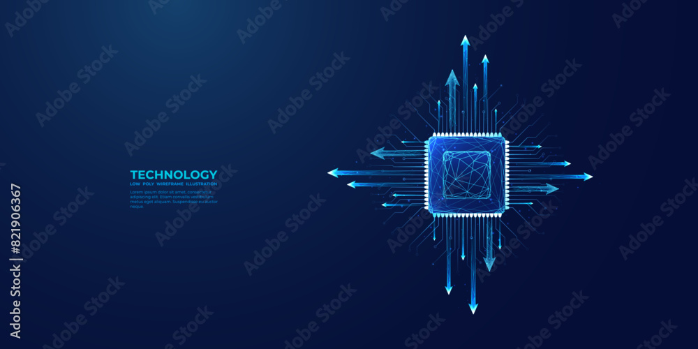 Poster Light blue CPU on technology dark background. Abstract digital polygonal computer processor or chip with growth arrows and circuit board elements. Technology bg. Ai chip. Low poly vector illustration.