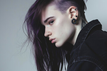 Pensive young person with shaved side hairstyle in studio setting during daytime
