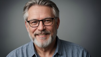 Obraz premium Clouse-up, friendly middle-aged man with gray hair and beard wearing casual clothes looks at the camera, Panorama. Mature gentleman in eyeglasses smiles at the camera