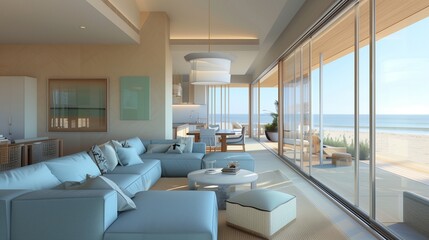 Fototapeta premium A sleek living room with a luxury coastal theme