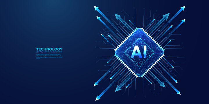 AI chip with light growth arrows and circuit elements. Artificial Intelligence background. AI innovation concept. Technology bg. Low poly wireframe vector illustration. Abstract digital polygonal art.