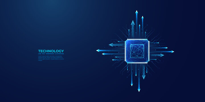 Light blue CPU on technology dark background. Abstract digital polygonal computer processor or chip with growth arrows and circuit board elements. Technology bg. Ai chip. Low poly vector illustration.