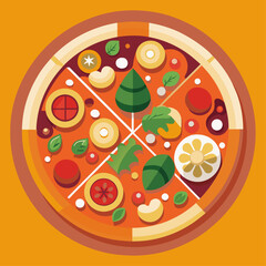 Illustration of a pizza with various toppings on a blue background. Design for posters, banners, print.
