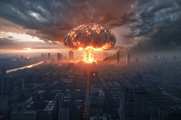 The moment the city was hit by a nuclear bomb Terrible explosion nuclear bomb mushroom 