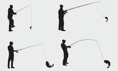 fishing silhouette set. Fisherman in different poses collection. 