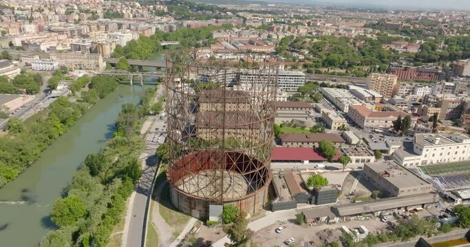 Aerial view of the Gasometer in the Ostiense district in Rome. The industrial center has been in disuse and abandoned for some time.