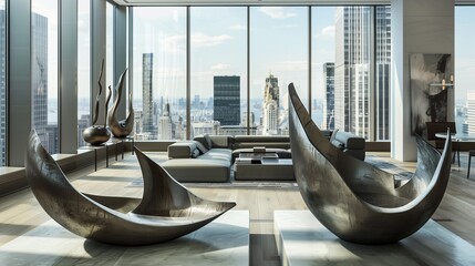 A sleek living room with a series of large