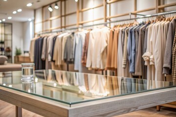 Minimalistic background for product demonstrations. A modern glass podium with a glass wall in a modern clothing store. Elegant design for product presentation.