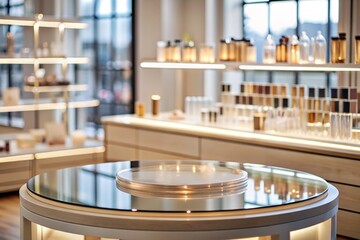 Minimalistic background for product demonstrations. A modern glass podium in a modern cosmetics store. Elegant design for the presentation of cosmetic products.