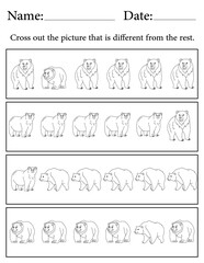 Bear Puzzle. Printable Activity Page for Kids. Educational Resources for School for Kids. Kids Activity Worksheet. Find the Different Object