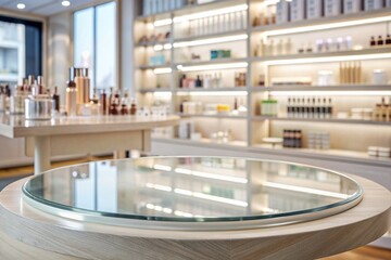 Minimalistic background for product demonstrations. A modern glass podium in a modern cosmetics store. Elegant design for the presentation of cosmetic products.