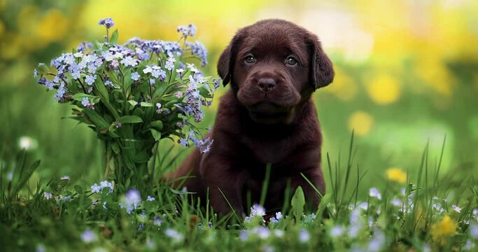 cute chocolate labrador puppy with forget me not flowers outdoors