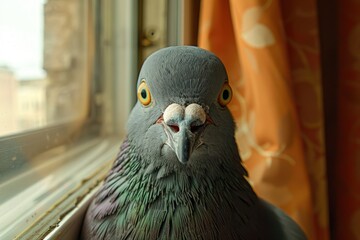 Portrait of a funny pigeon. Pigeon sitting and looking directly at the camera