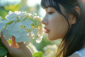 Japanese girl smells a Hydrangea generated by AI