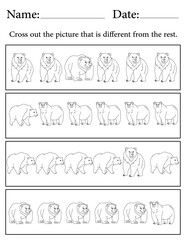 Bear Puzzle. Printable Activity Page for Kids. Educational Resources for School for Kids. Kids Activity Worksheet. Find the Different Object