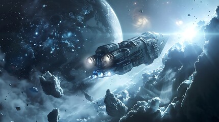 Space exploration background with futuristic spacecraft and celestial landscapes, reflecting humanity's quest for knowledge.
