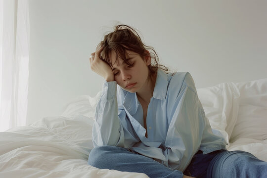 Mujer joven sentada en una cama con el brazo apoyado en su cabeza con el pelo revuelto y gesto de dolor y tristeza, con fondo de habitacion luminosa blanca. Concepto insomnio, depresion, dolor
