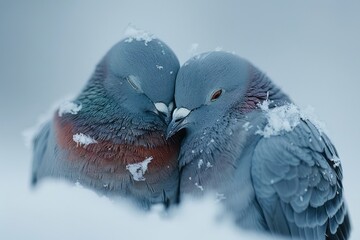 Two doves pigeons sit on a branch and hug, winter snow