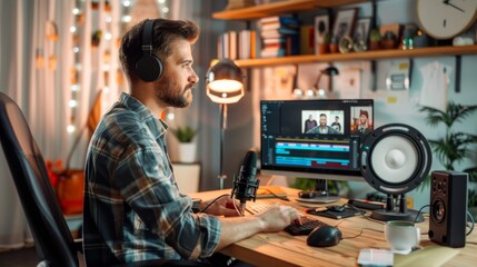 Home studio environment with podcaster recording a session, equipped with microphone and a blurred face