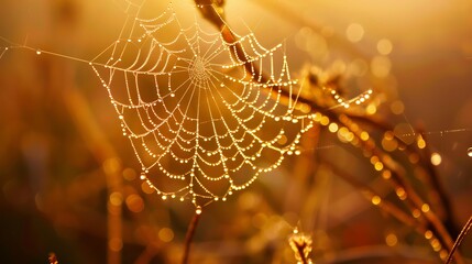 Sparkling cluster of dewdrops glistening on a spider's web, catching the morning sunlight in a delicate display of nature's artistry.