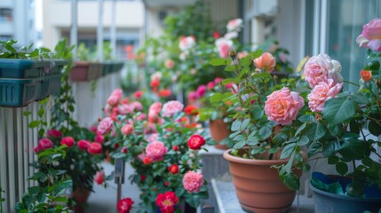 A peaceful balcony scene with potted rose plants, displaying urban greenery and peaceful coexistence with nature