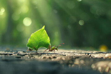 The Strength of Nature An Ant Carrying a Leaf Across a Path  - Powered by Adobe