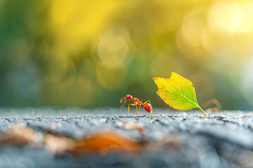 The Strength of Nature An Ant Carrying a Leaf Across a Path 