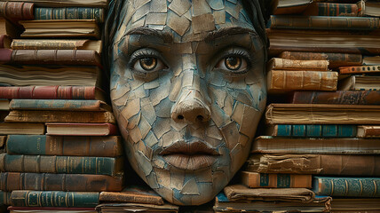 Obraz premium The outline of a face among stacks of books in close-up, the concept of knowledge, education, literature
