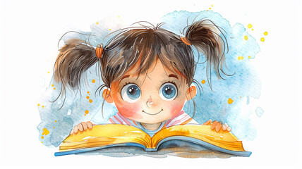 Obraz premium Funny girl with ponytails with an open book, a child reading a book, drawing in watercolor paints