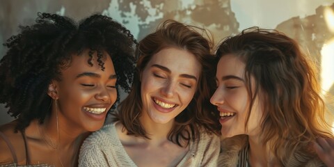 Obraz premium A close-up captures the genuine laughter and happy expressions of three diverse young women against a soft background