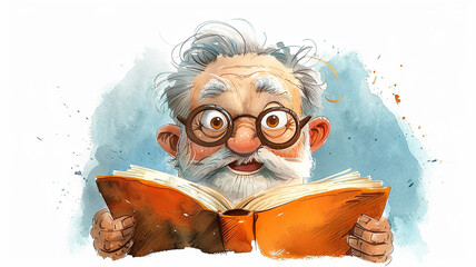 Obraz premium A cute gray-haired grandfather with glasses with an open book, an elderly man reading, drawing with watercolor paints